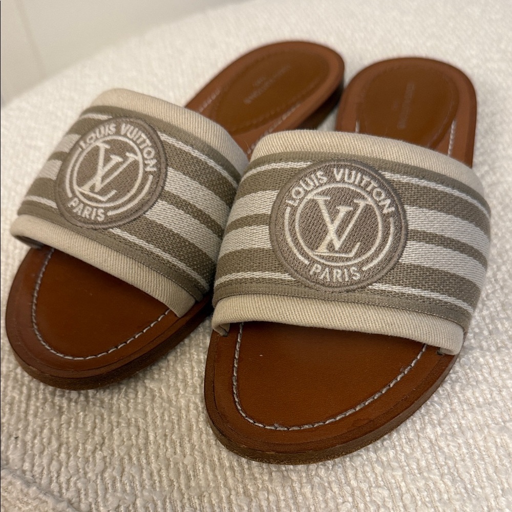 LOUIS VUITTON Canvas Calfskin Lock It Flat Mules Size 36